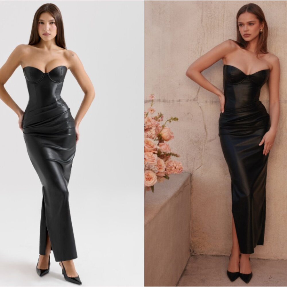 House of CB Juliana black strapless vegan leather midi dress